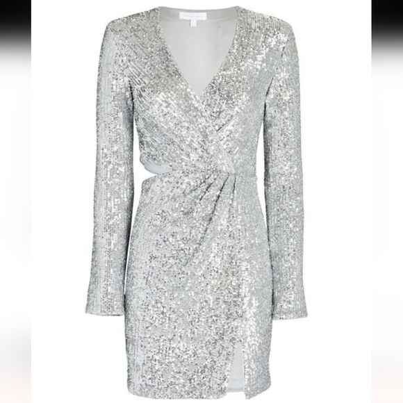 Jonathan Simkhai Size 8 Conrad Silver Sequin V-Neck Ruched Cutout Mini Dress NWT - Picture 1 of 16